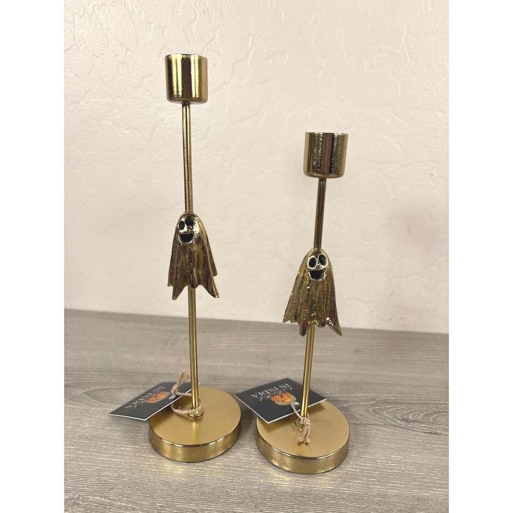 Gold Ghost Taper Candle Holders Set of 2 Halloween Decor NEW